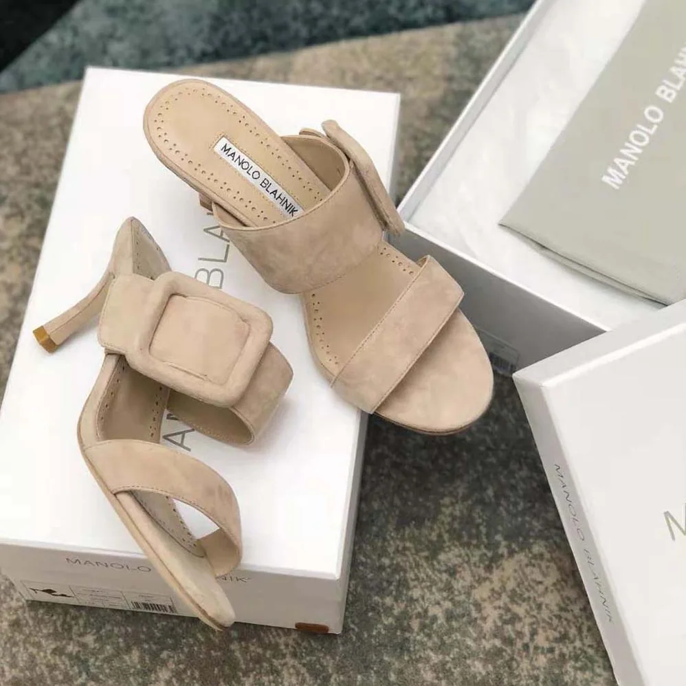 Manolo Blahnik Light Beige Suede Open Toe Mules for Women