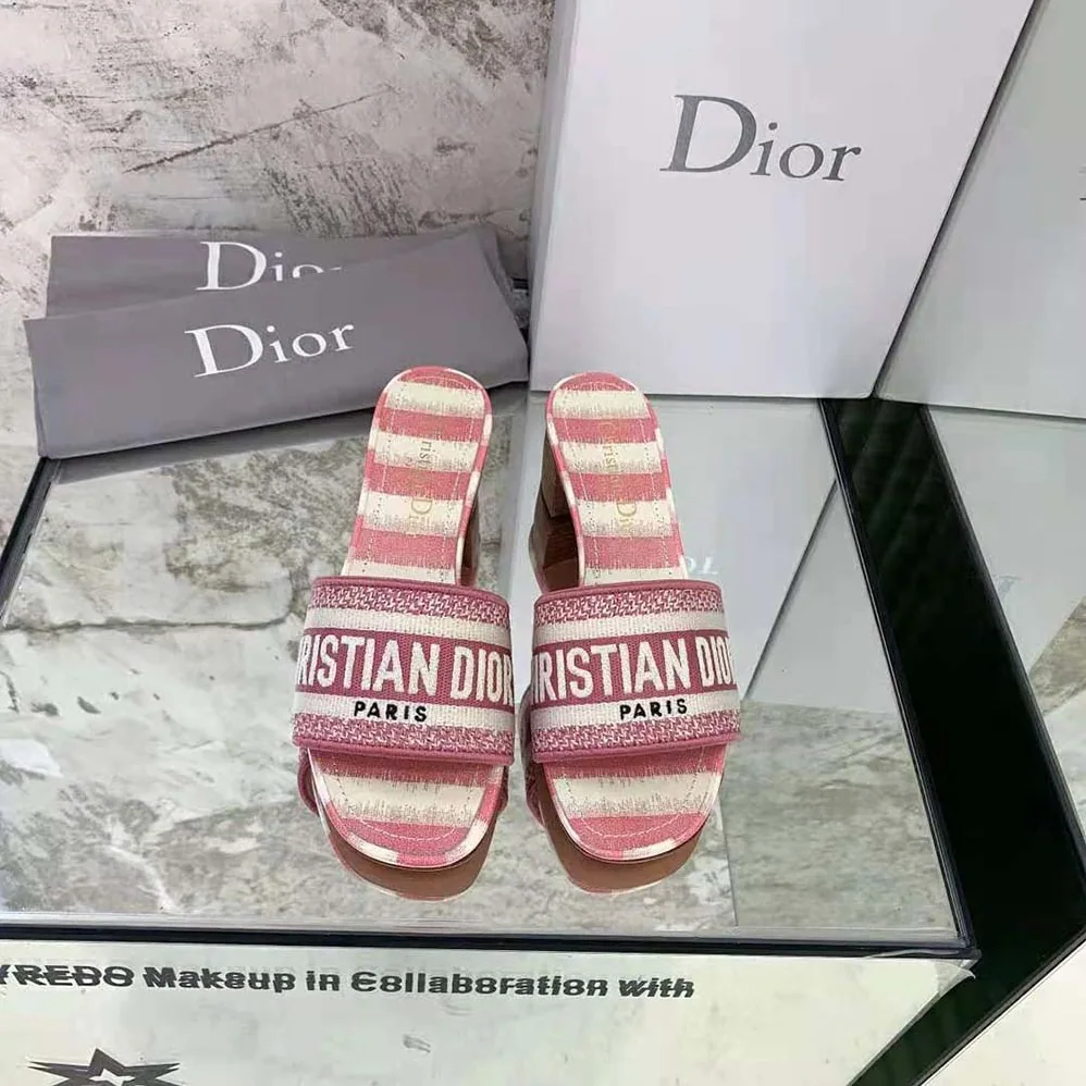 Dior Dway Heeled Slide Dark Nude D for Women in Stripes Embroidered Cotton