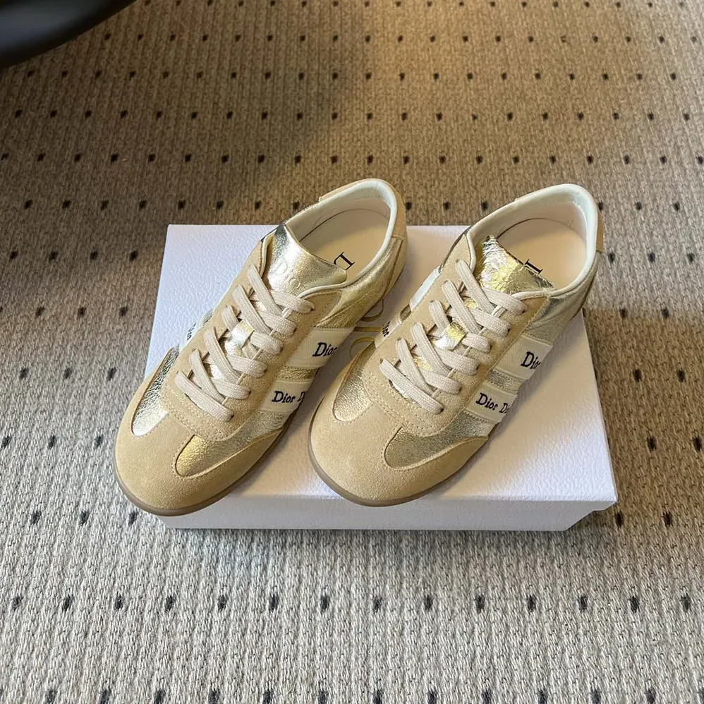 Dior Ribbon Sneaker Beige Suede Calfskin and Gold for Women in Tone Crinkled Laminated Lambskin Dior Ribbon Sneaker Beige Suede Calfskin and Gold for Women in Tone Crinkled Laminated Lambskin