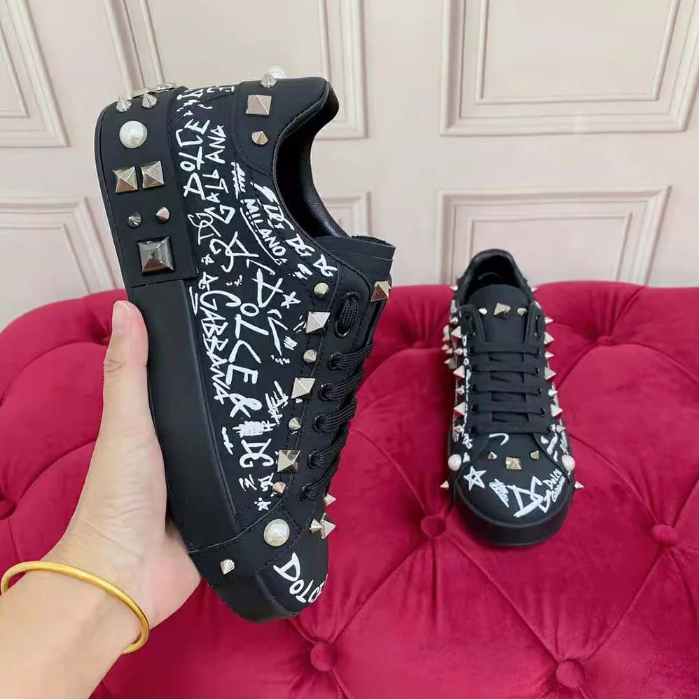 Dolce Gabbana D&G Calfskin Nappa Portofino Sneakers with Studs for Unisex in Black