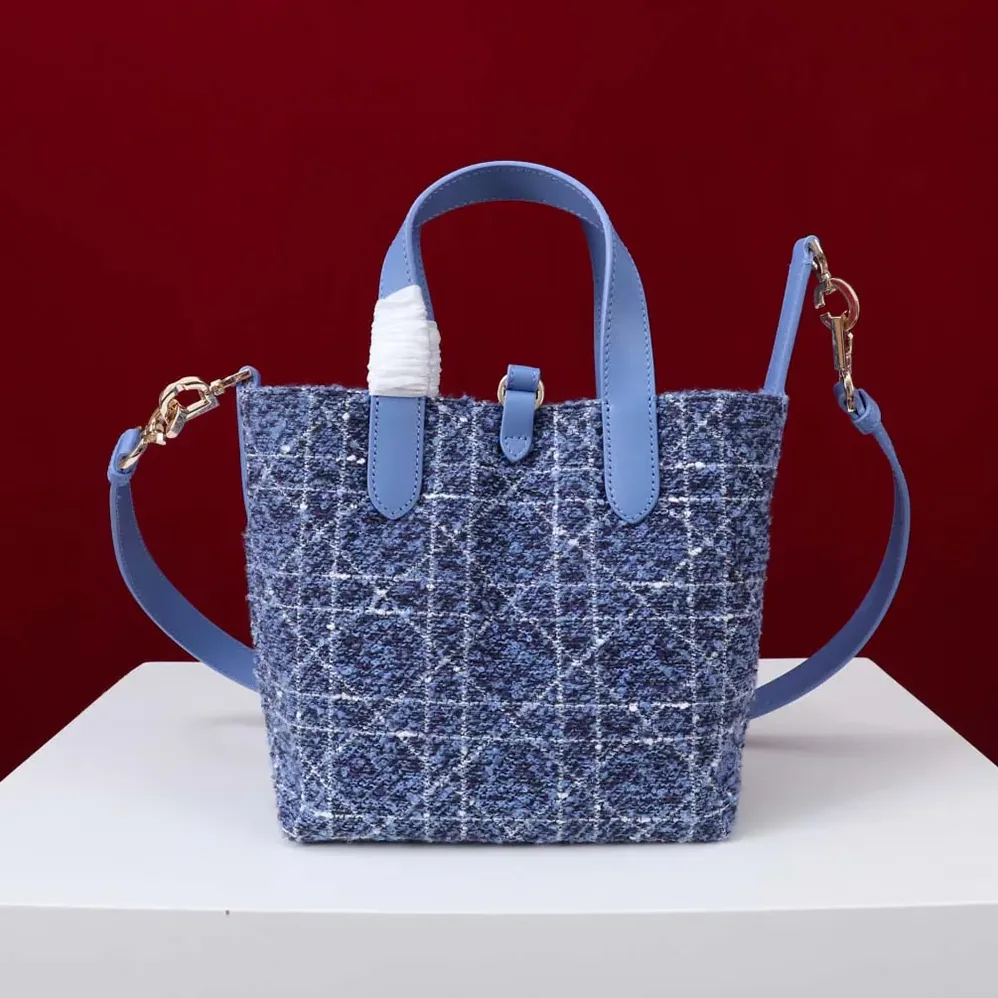 Dior Small Dior Toujours Vertical Tote Bag Blue Tweed with White Cannage Motif for Women Dior Small Dior Toujours Vertical Tote Bag Blue Tweed with White Cannage Motif for Women