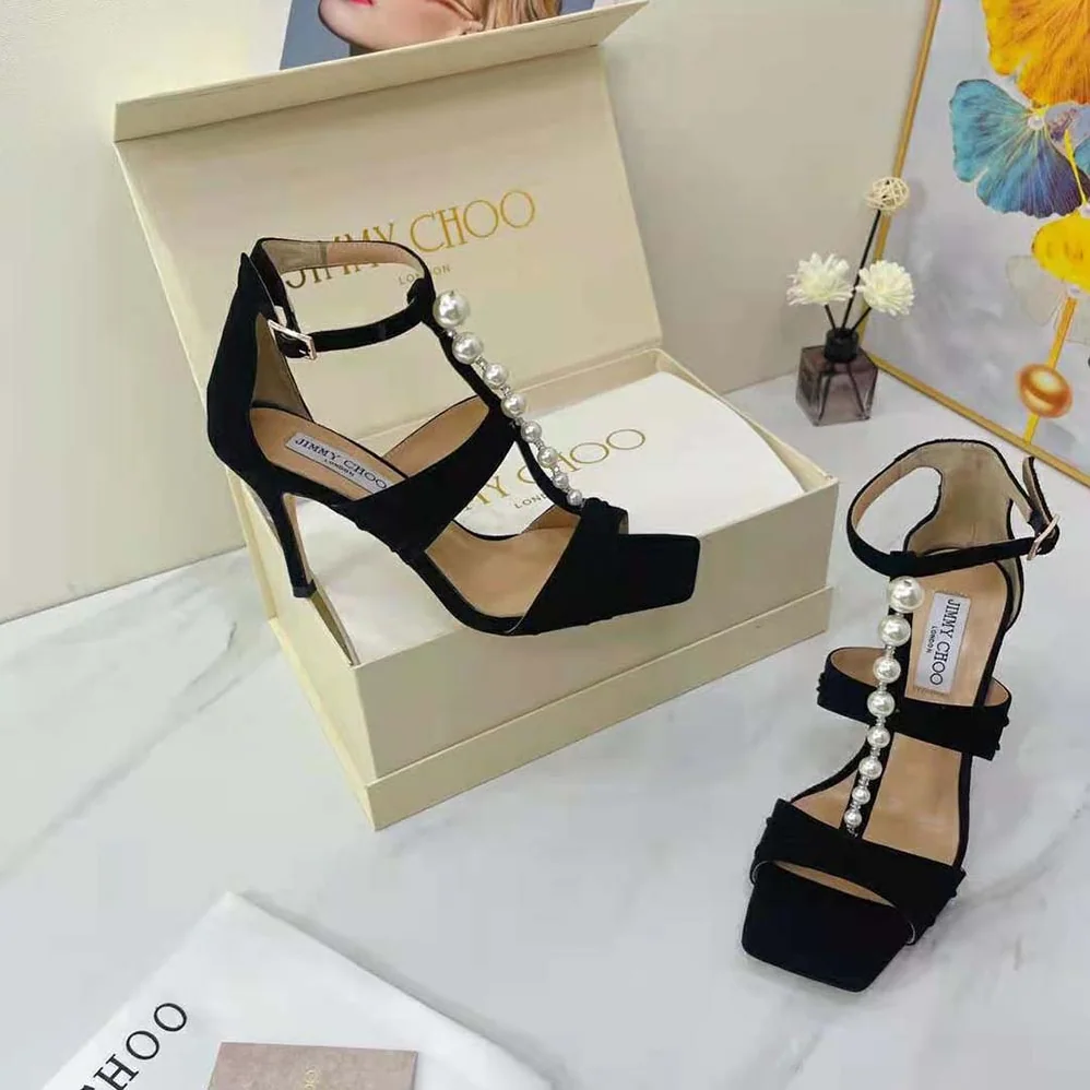 Jimmy Choo Aura 95 Black Suede Sandals with Pearls and Crystals for Women Jimmy Choo Aura 95 Black Suede Sandals with Pearls and Crystals for Women