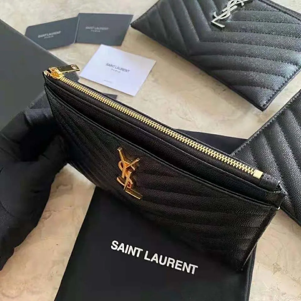 Saint Laurent YSL Monogram Bill Pouch in Grain DE Poudre Embossed Leather for Women in Black Saint Laurent YSL Monogram Bill Pouch in Grain DE Poudre Embossed Leather for Women in Black