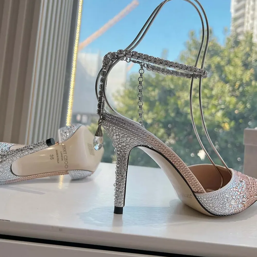 Jimmy Choo Saeda 100 Gold Satin Pumps with Crystals for Women
