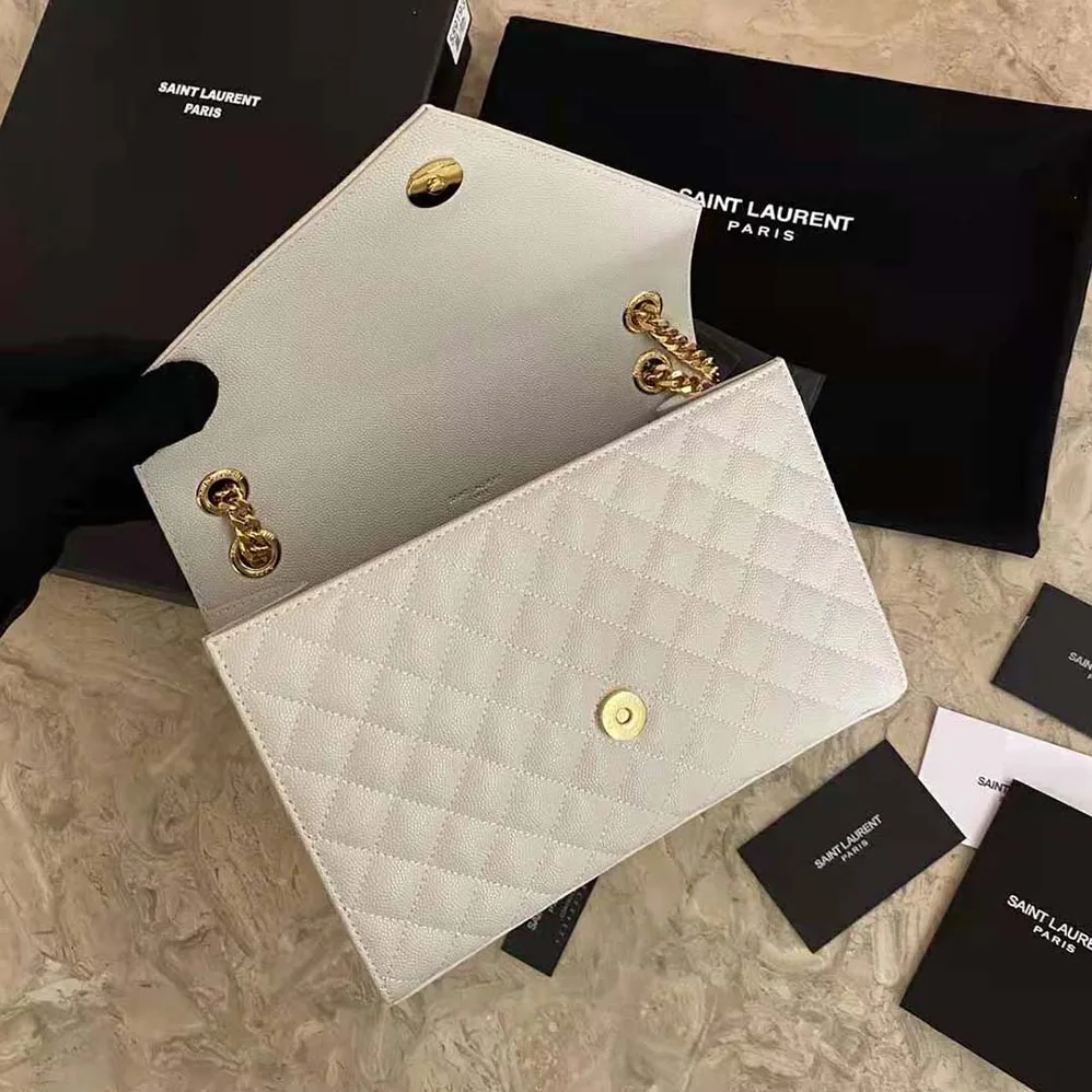 Saint Laurent YSL Envelope Medium Bag in Mix Matelasse Grain DE Poudre Embossed Leather for Women in White