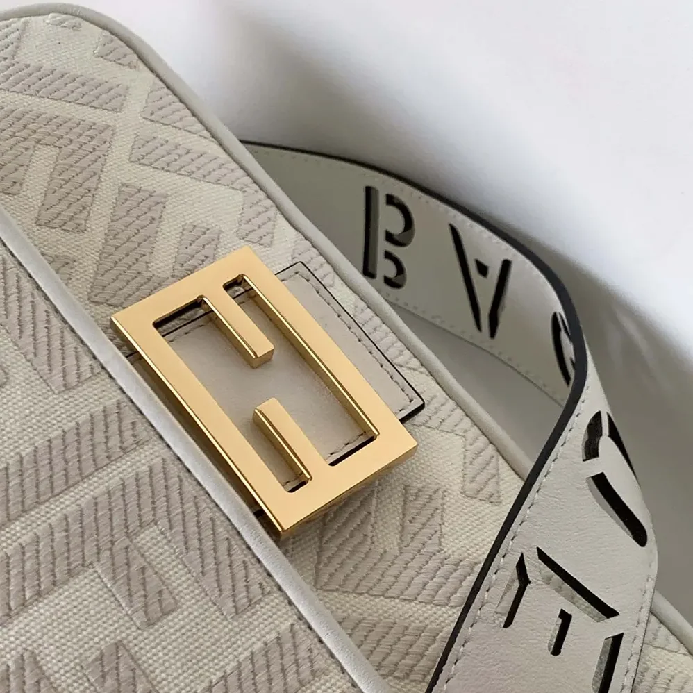 Fendi Baguette White Denim Bag with FF Embroidery for Women