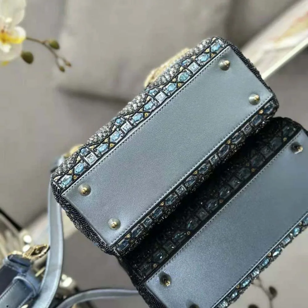 Dior Small Lady Dior Bag Metallic Calfskin and Satin with Celestial Blue Bead Embroidery for Women