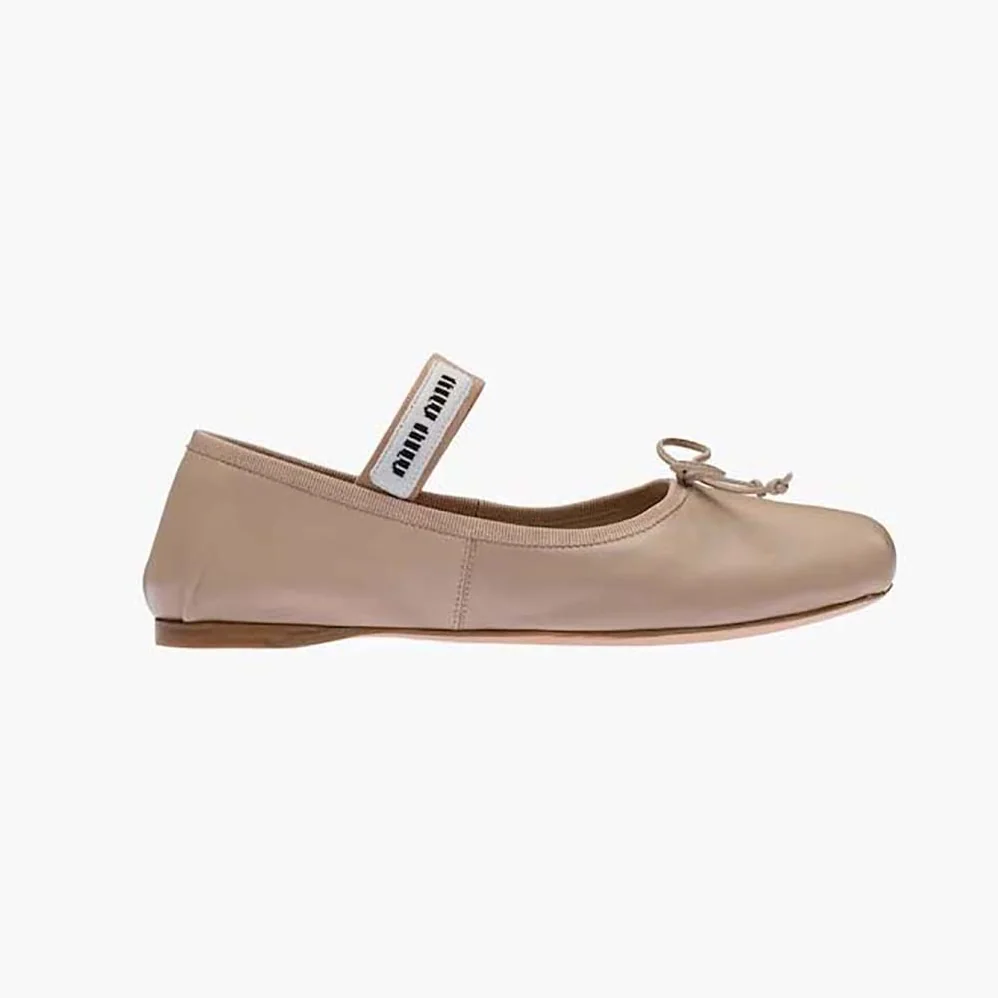 Miu Miu Leather Ballerinas with Fabric Logo Label for Women in Beige