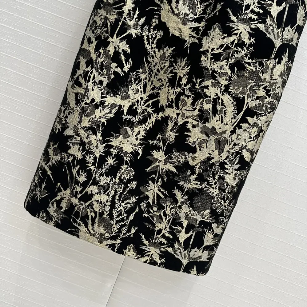 Dior Mid-Length Straight Skirt Black Technical Fabric with Gold for Women in Tone Dior Chardons Motif