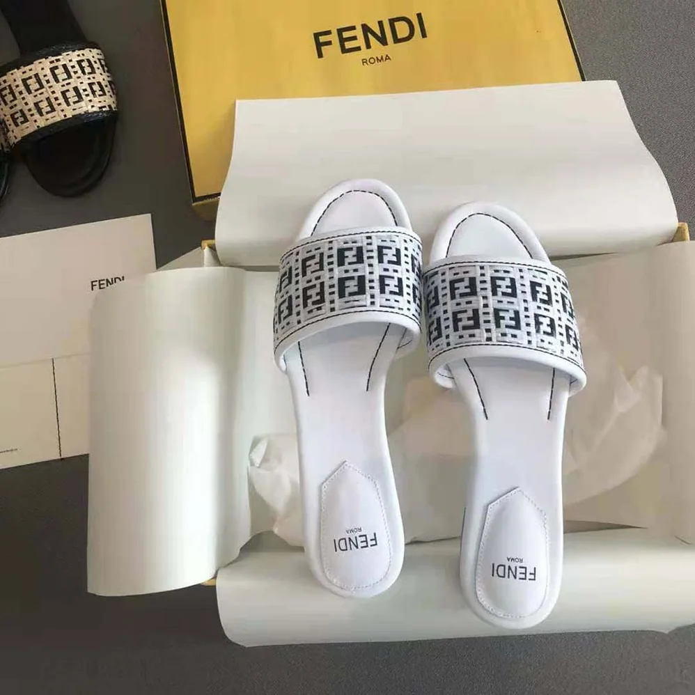 Fendi FF Interlace Slides White Leather Slides for Women Fendi FF Interlace Slides White Leather Slides for Women