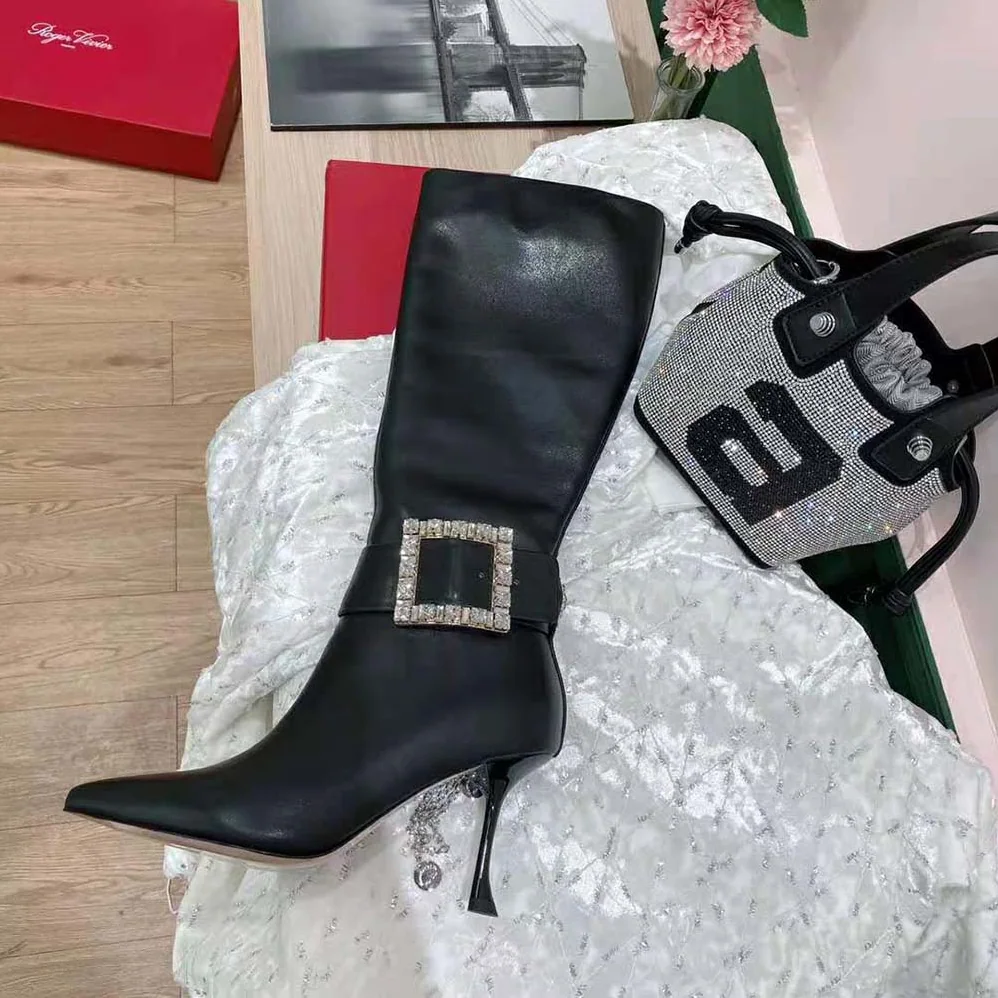 Roger Vivier Pointy Strass Buckle Boots in Leather for Women