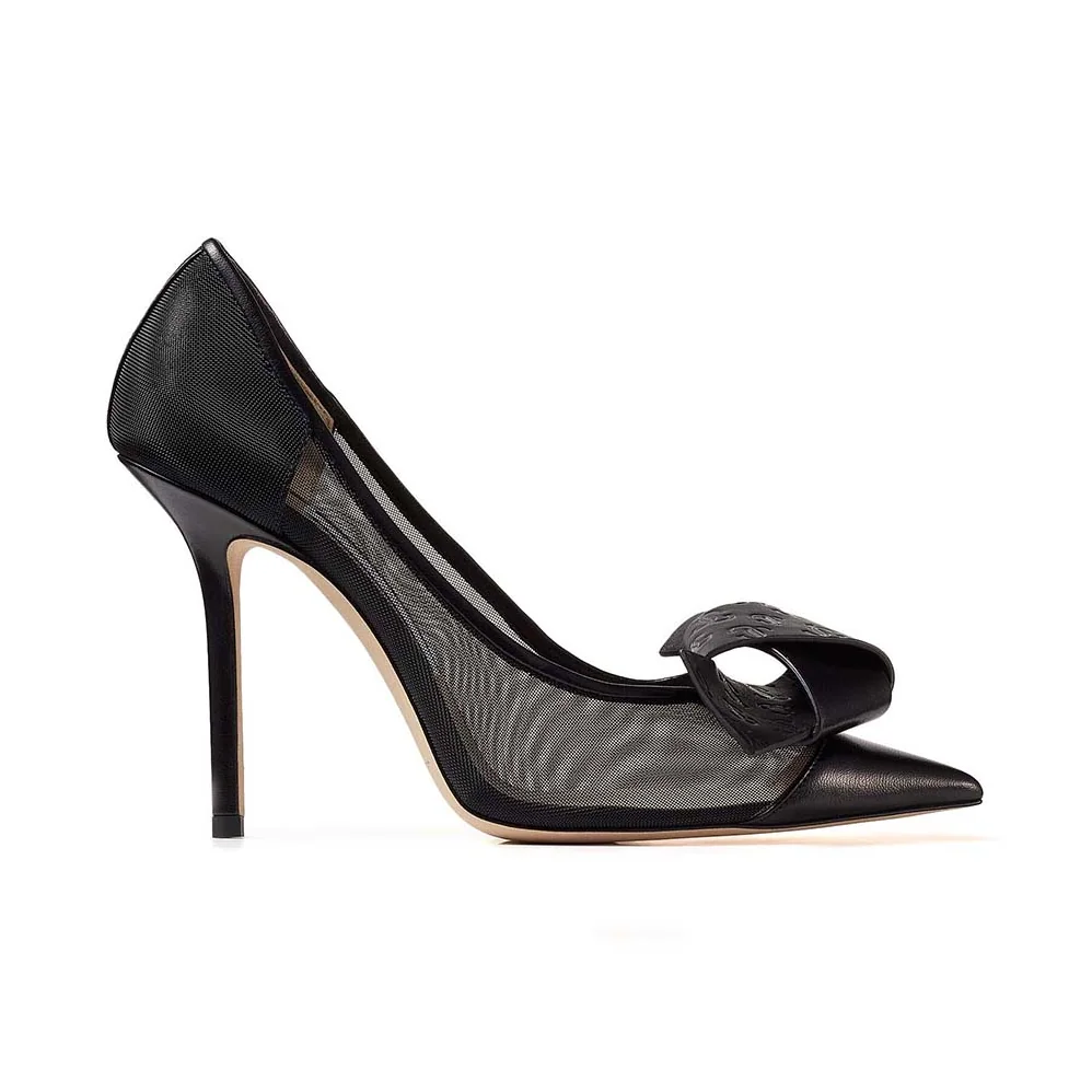Jimmy Choo Lani 100 Black Mesh Pumps with JC Monogram Leather Bow for Women