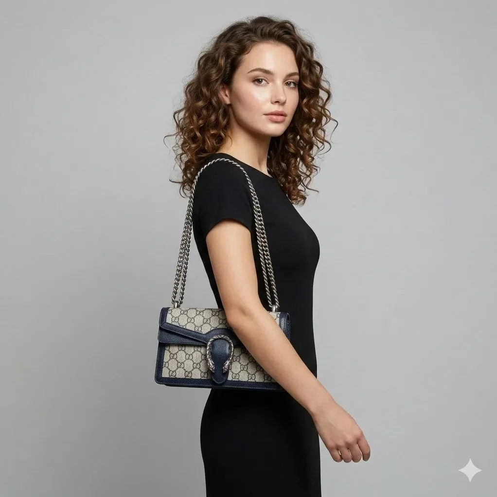 Gucci Dionysus Small Shoulder Bag / Beige/ Blue GG Supreme Canvas Antique Silver Hardware