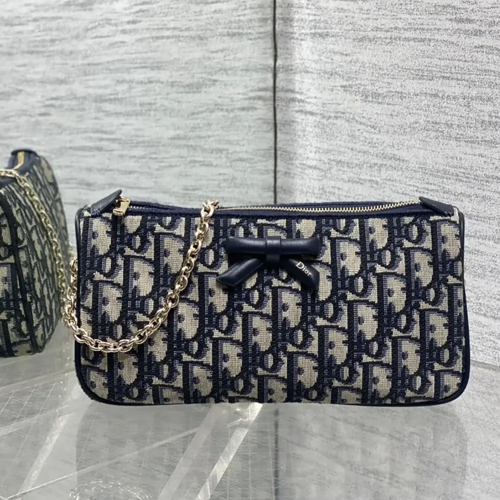 Dior Oblique Bow Pouch with Chain Blue Dior Oblique Jacquard for Women