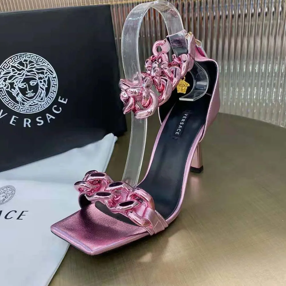 Versace Medusa Chain Suede Sandals in 11cm Heel for Women in Pink Versace Medusa Chain Suede Sandals in 11cm Heel for Women in Pink