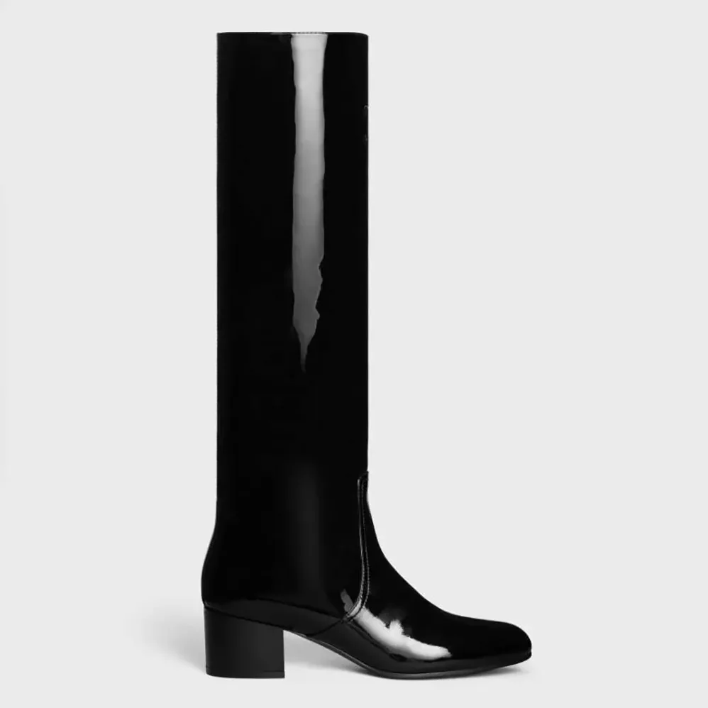 Celine Les Bottes Celine Triomphe High Boot in Patent Calfskin for Women in Black