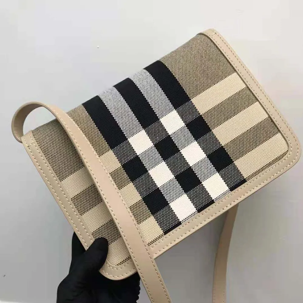 Burberry Medium Check Canvas and Leather TB Bag for Women in Beige Burberry Medium Check Canvas and Leather TB Bag for Women in Beige