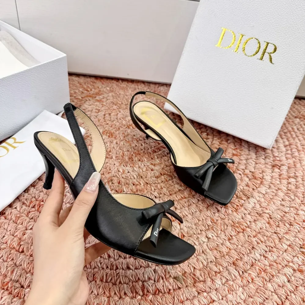 Dior Bow Heeled Slingback Sandal Black Lambskin for Women