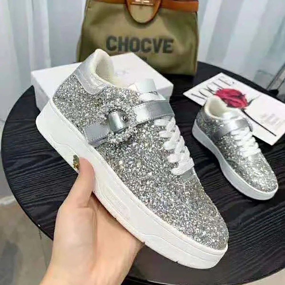 Jimmy Choo Osaka Lace up Platinum Dazzling Coarse Glitter Fabric Low Top Trainers for Women Jimmy Choo Osaka Lace up Platinum Dazzling Coarse Glitter Fabric Low Top Trainers for Women