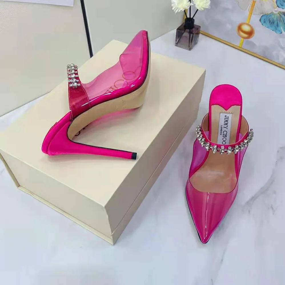 Jimmy Choo Bing 100 Hot Pink Neon Plexi Mules with Pink Crystal Strap for Women Jimmy Choo Bing 100 Hot Pink Neon Plexi Mules with Pink Crystal Strap for Women