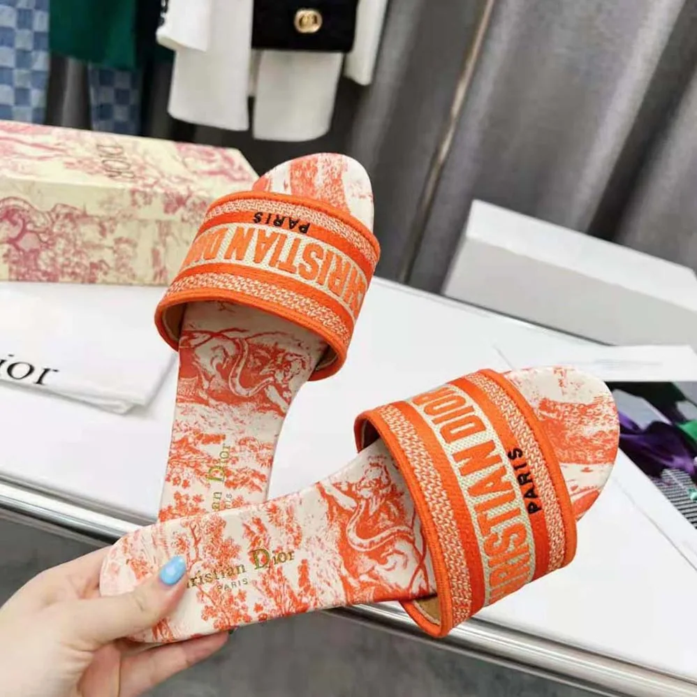 Dior Dway Slide Bright Orange Toile De Jouy Embroidered Cotton for Women