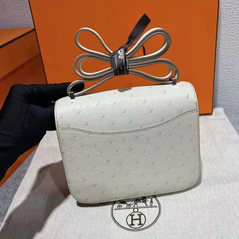 Hermes Constance 19 Bag Nata Ostrich Leather for Women in White/Silver Hermes Constance 19 Bag Nata Ostrich Leather for Women in White/Silver