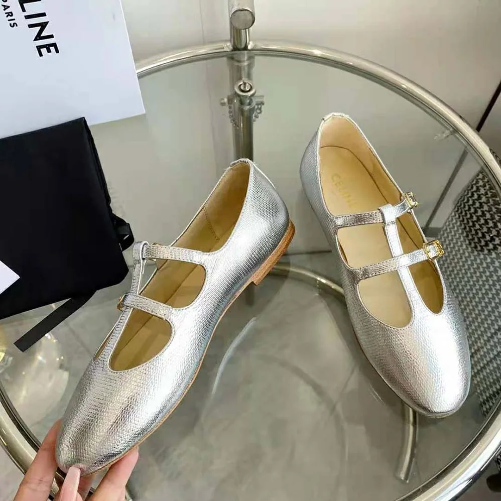 Celine Les Ballerines Celine Double Strap Mary Jane in Lizard Stamped Metalized Calfskin for Women Celine Les Ballerines Celine Double Strap Mary Jane in Lizard Stamped Metalized Calfskin for Women
