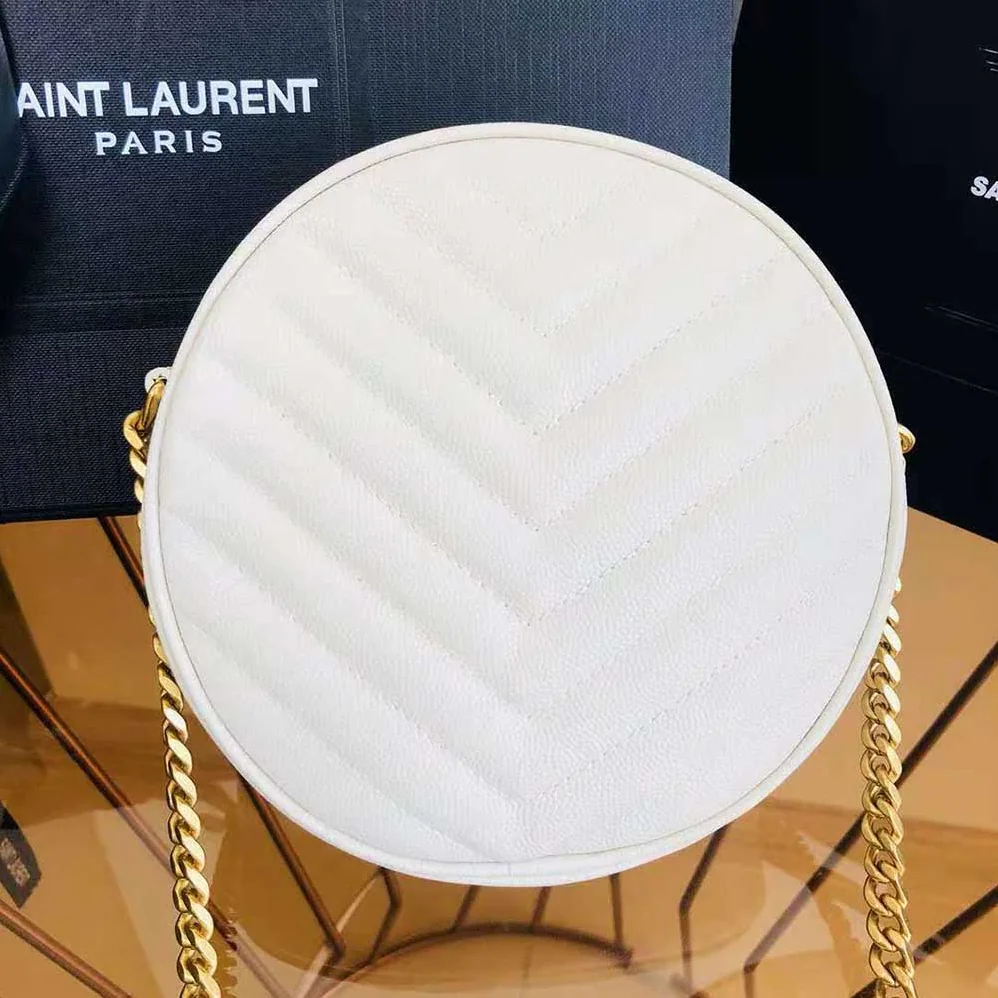 Saint Laurent YSL Vinyle Round Camera Bag in Chevron-Quilted Grain de Poudre Embossed Leather for Women in White