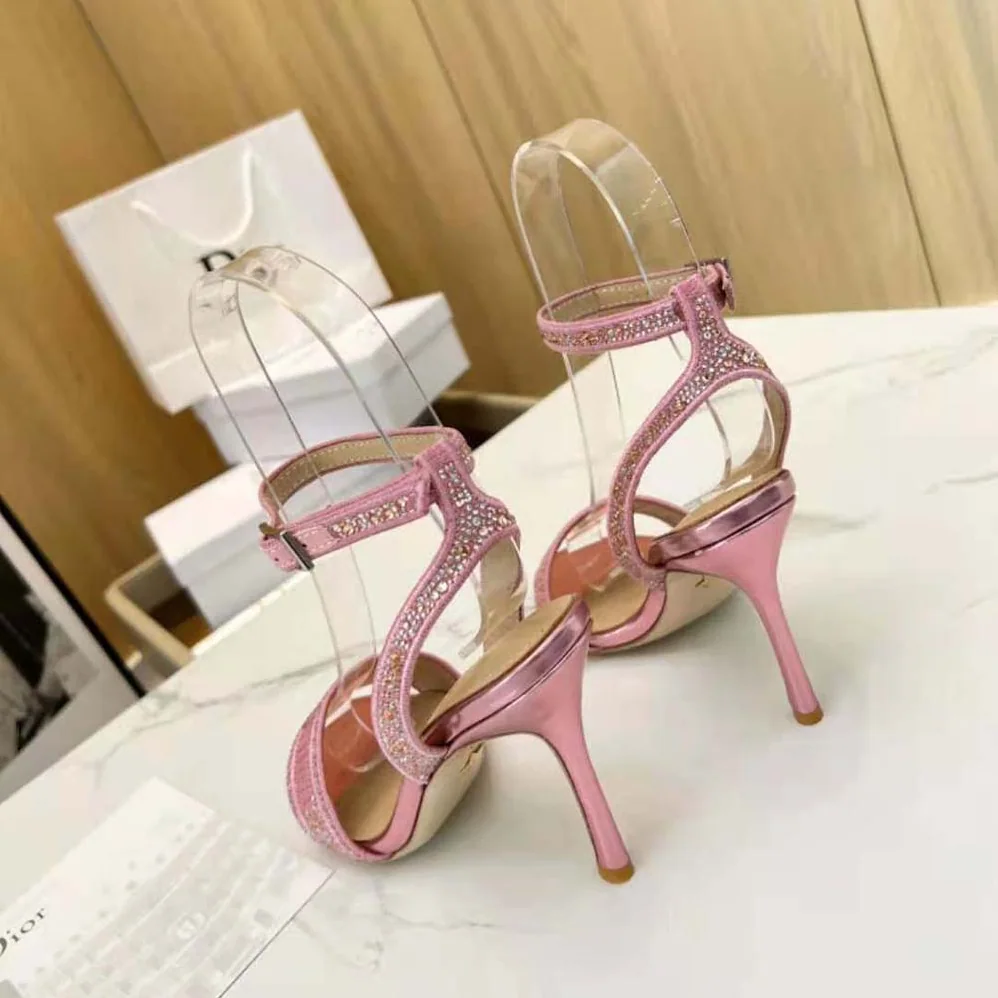 Dior Dway Heeled Slide Pink Cotton Embroidered with Metallic Thread and Strass for Women