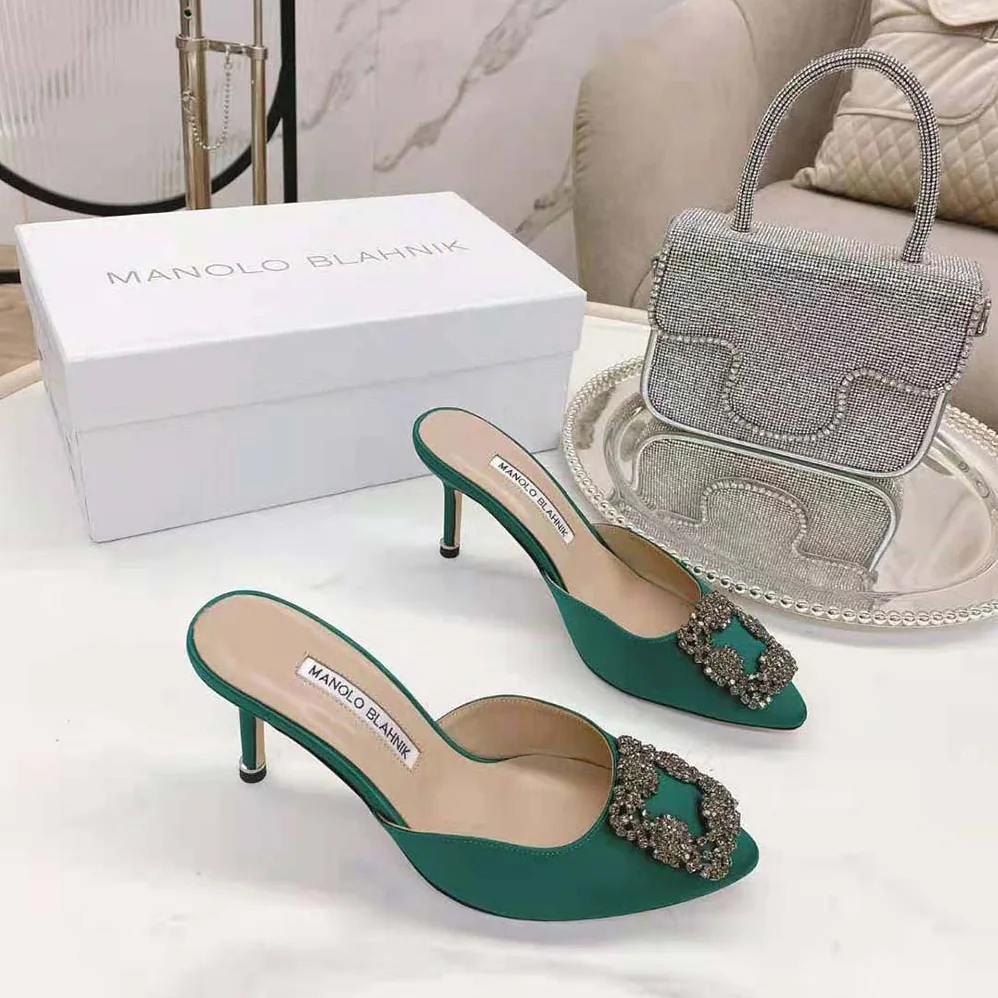 Manolo Blahnik Green Satin Jewel Buckle Mules for Women Manolo Blahnik Green Satin Jewel Buckle Mules for Women