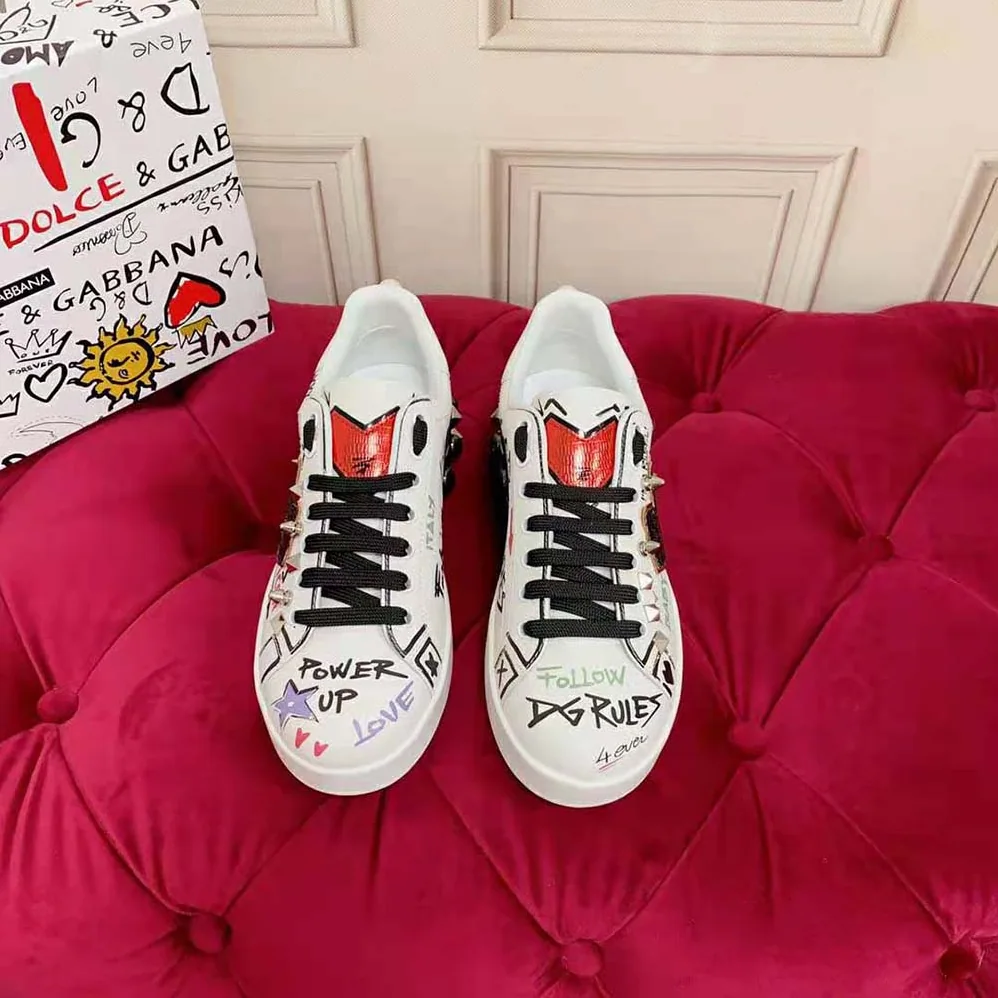Dolce Gabbana D&G Printed Calfskin Portofino Sneakers with Patch for Unisex
