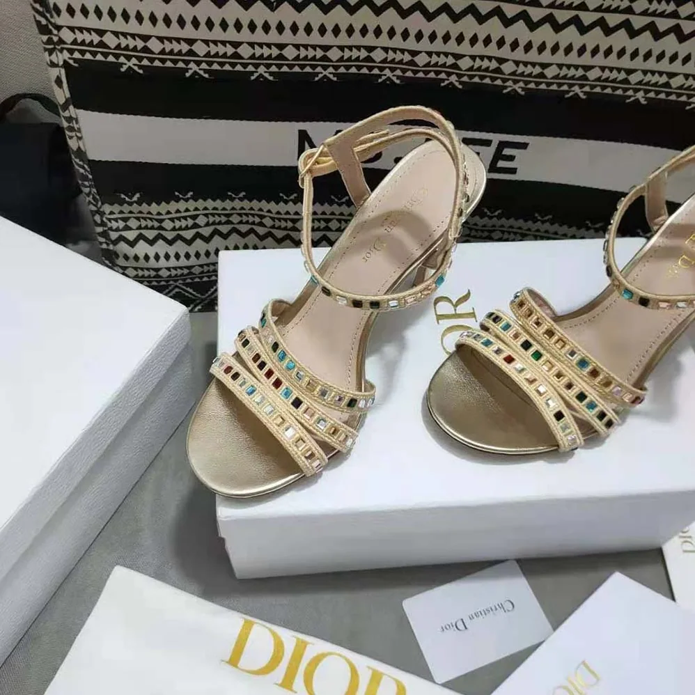 Dior Gem Heeled Sandal Gold for Women in Tone Cotton Embroidered Dior Gem Heeled Sandal Gold for Women in Tone Cotton Embroidered