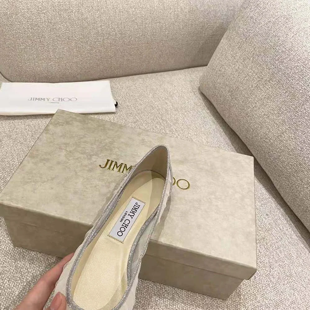 Jimmy Choo Love Flat Metallic Silver Glitter Fabric Flats with Ivory Tulle Overlay for Women Jimmy Choo Love Flat Metallic Silver Glitter Fabric Flats with Ivory Tulle Overlay for Women