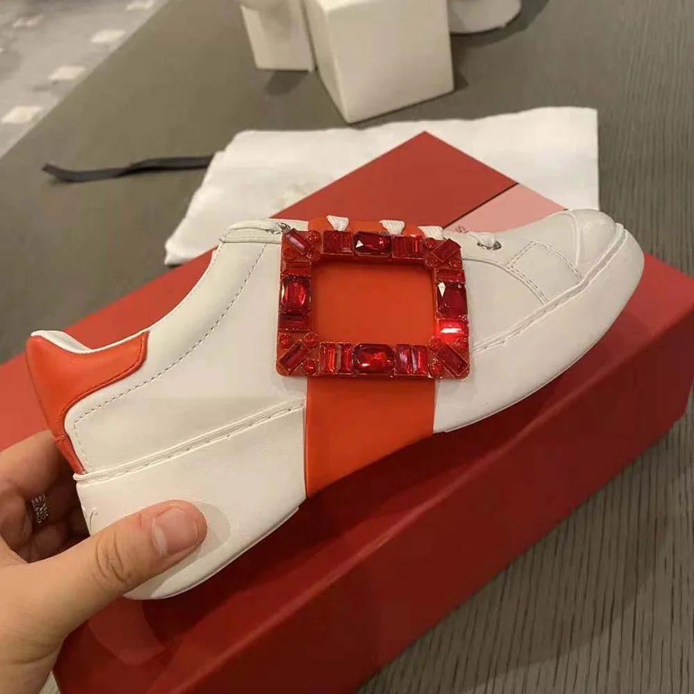 Roger Vivier Viv Skate Strass Buckle Sneakers in Soft Leather for Women in Red