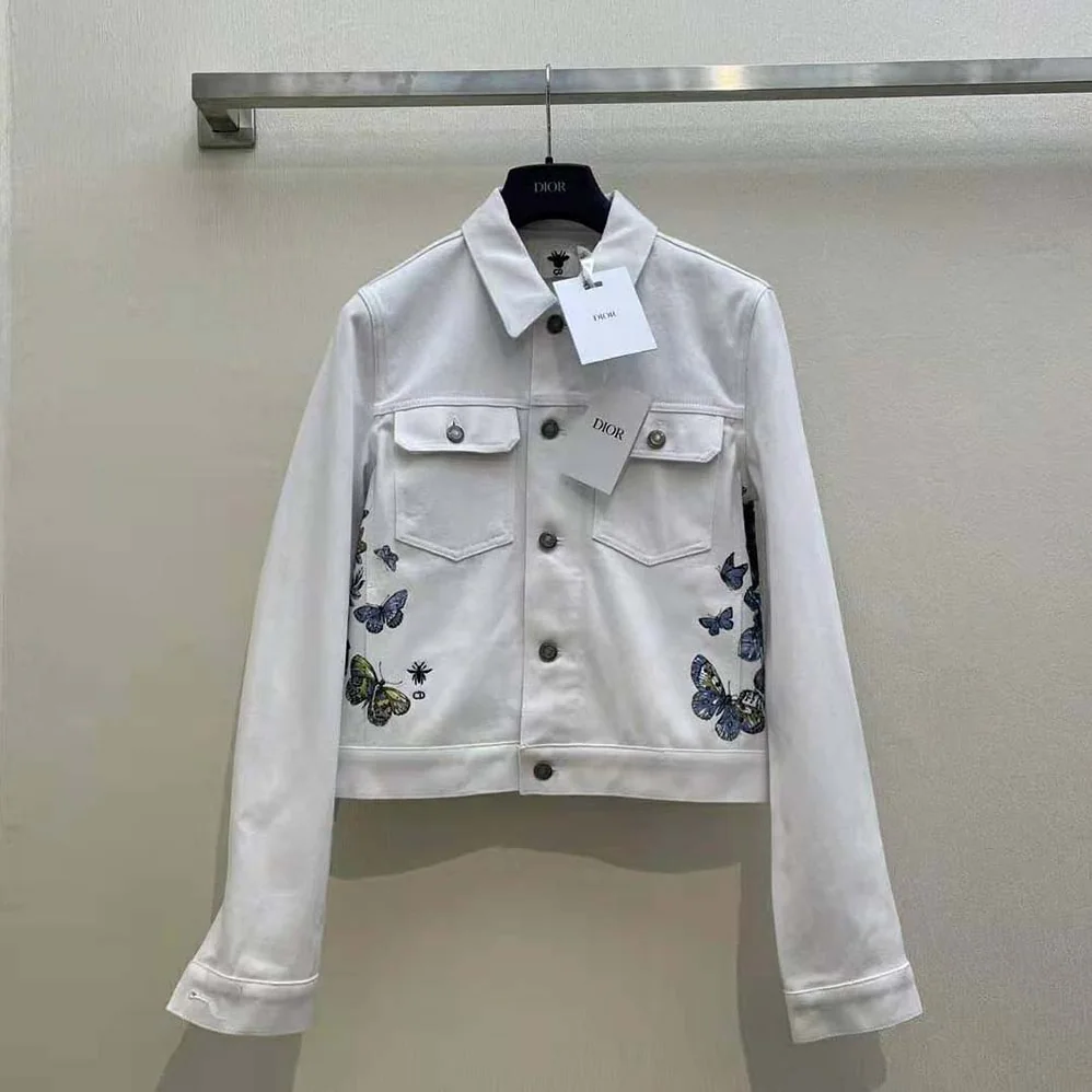 Dior Jacket Ecru Cotton Denim with Multicolor Butterfly Around the World Motif for Women Dior Jacket Ecru Cotton Denim with Multicolor Butterfly Around the World Motif for Women