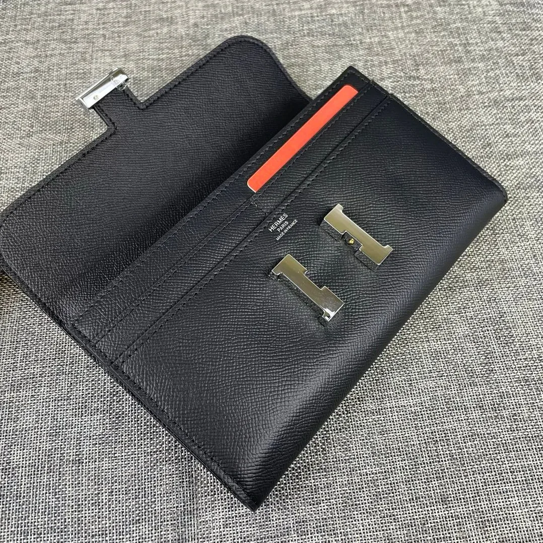 Hermes Constance Togo Long Wallet in Silver Toned Hardware Black