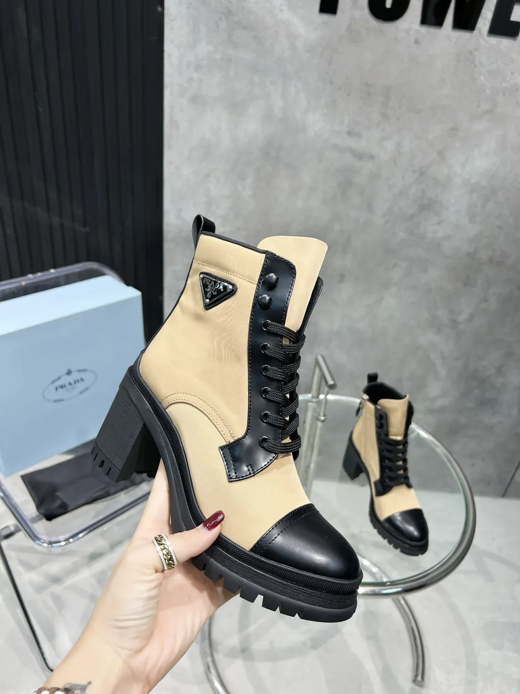 Prada Tronchetti Lace in Up Boots Beige PRD