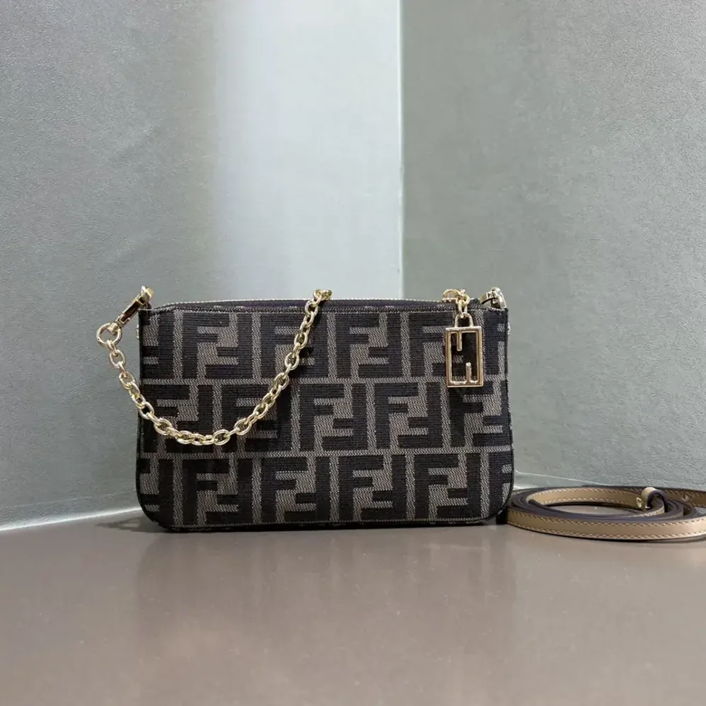 Fendi Baguette Pouch Brown Jacquard FF Fabric Clutch with Chain for Women