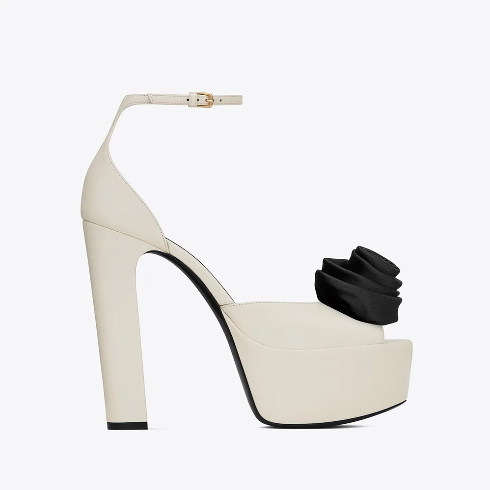 Saint Laurent YSL Jodie Platform Sandals in Smooth Leather with Silk Satin Flower for Women in White