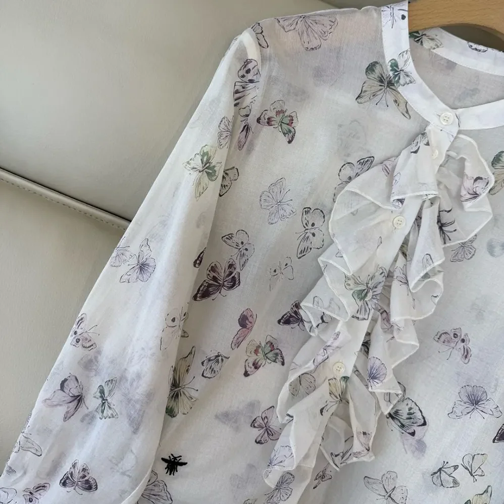 Dior Blouse with Ruffled Neckline Beige Cotton Muslin with Multicolor Butterfly Motif for Women Dior Blouse with Ruffled Neckline Beige Cotton Muslin with Multicolor Butterfly Motif for Women