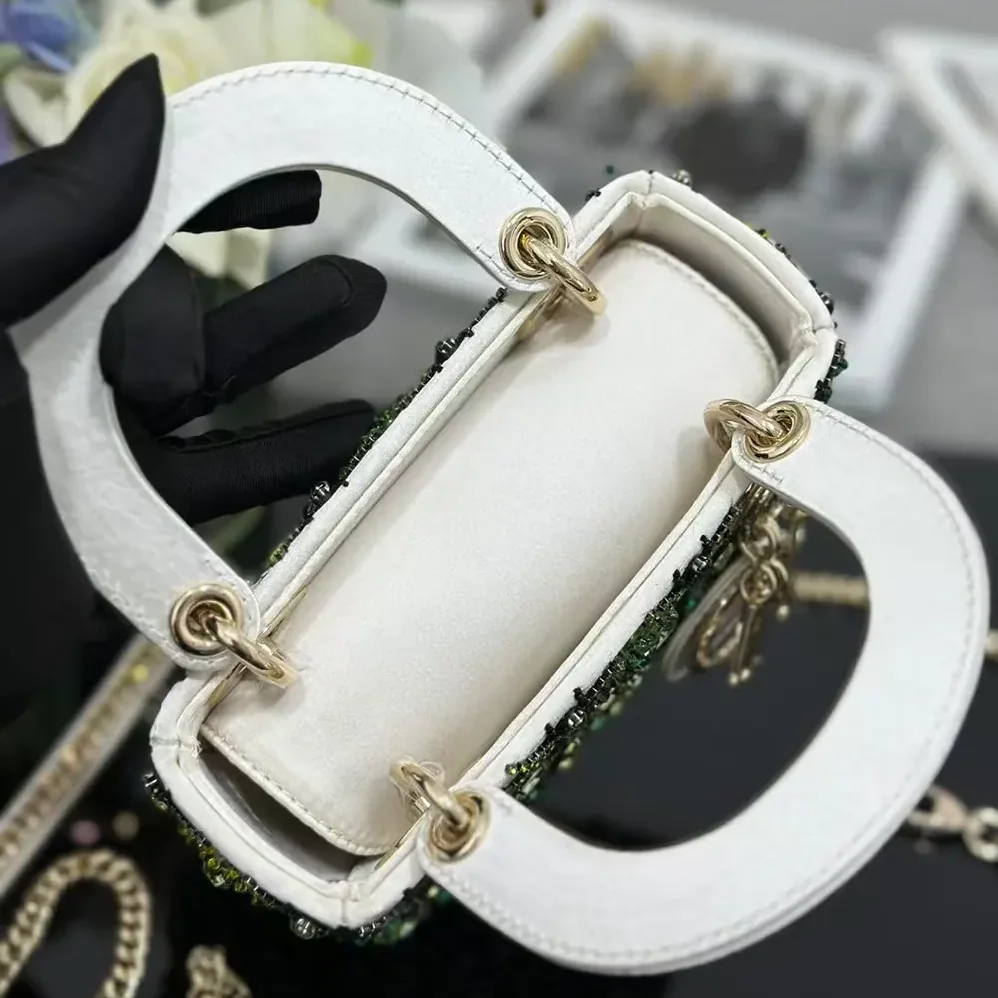 Dior Small Lady Dior Bag Metallic Calfskin and Satin with Celestial Green Bead Embroidery for Women Dior Small Lady Dior Bag Metallic Calfskin and Satin with Celestial Green Bead Embroidery for Women