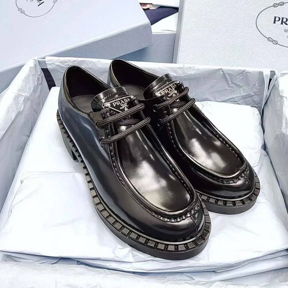 Prada Monolith Brushed Leather Lace-up Shoes for Women in Black Prada Monolith Brushed Leather Lace-up Shoes for Women in Black