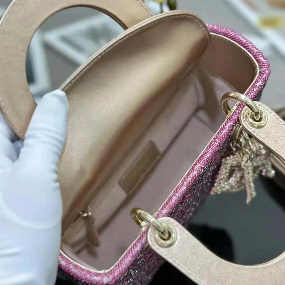 Dior Small Lady Dior Bag Metallic Calfskin and Satin with Rose Des Vents Resin Pearl Embroidery for Women Dior Small Lady Dior Bag Metallic Calfskin and Satin with Rose Des Vents Resin Pearl Embroidery for Women