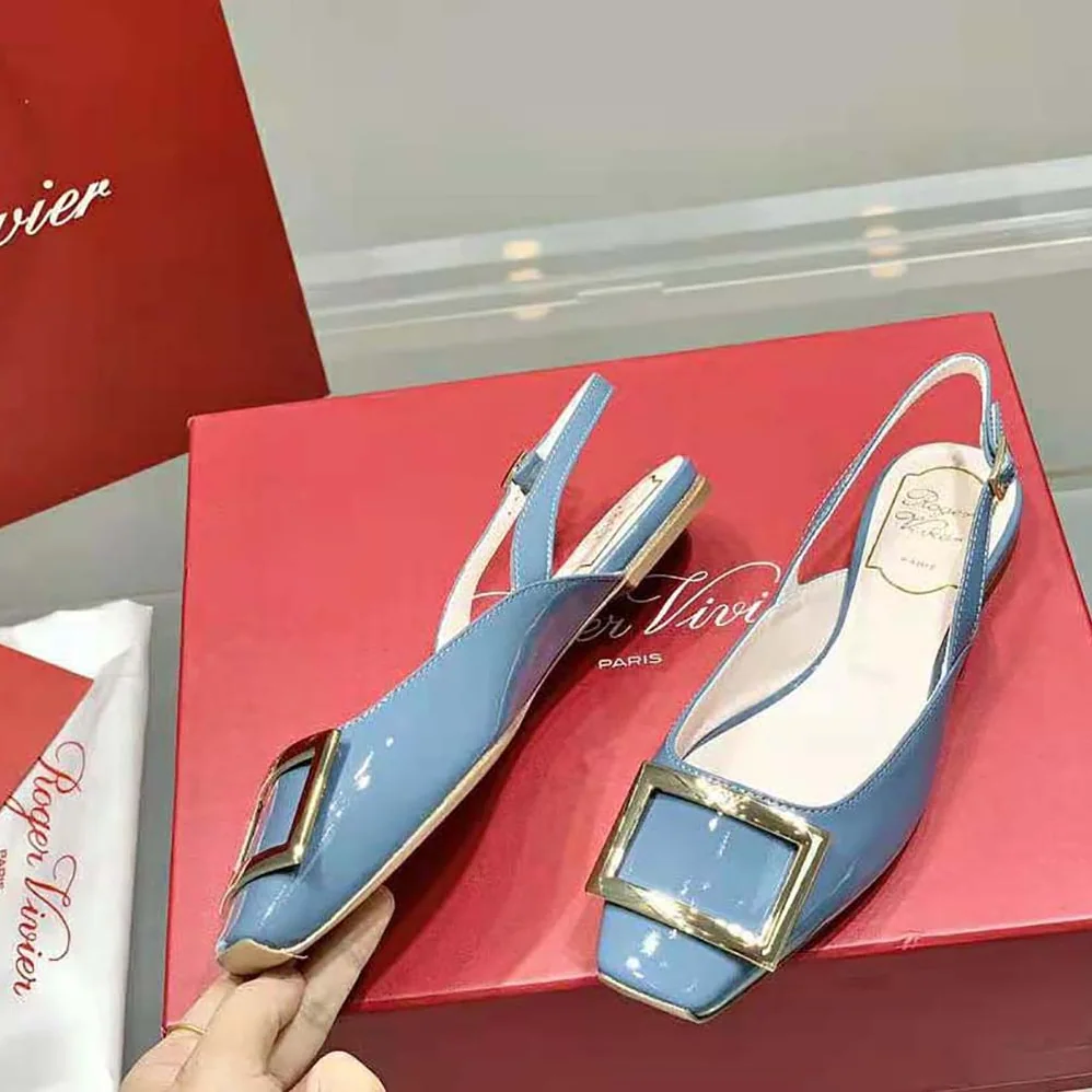 Roger Vivier Trompette Metal Buckle Slingback Ballerinas in Patent Leather for Women in Blue Roger Vivier Trompette Metal Buckle Slingback Ballerinas in Patent Leather for Women in Blue