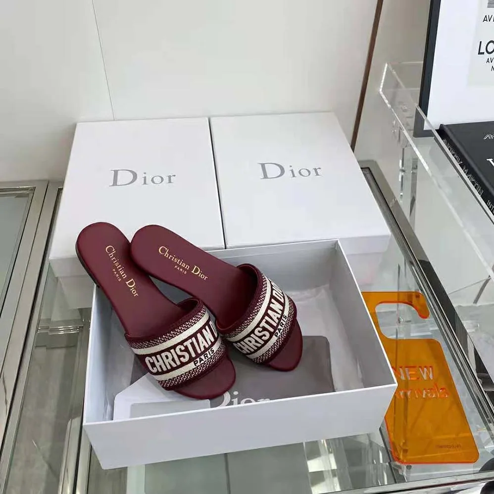 Dior Dway Slide Burgundy Embroidered Cotton for Women