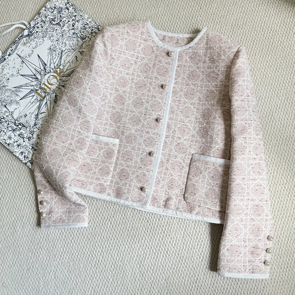 Dior Macrocannage Cropped Jacket Peach Blossom Pink Cotton for Women in Blend Tweed