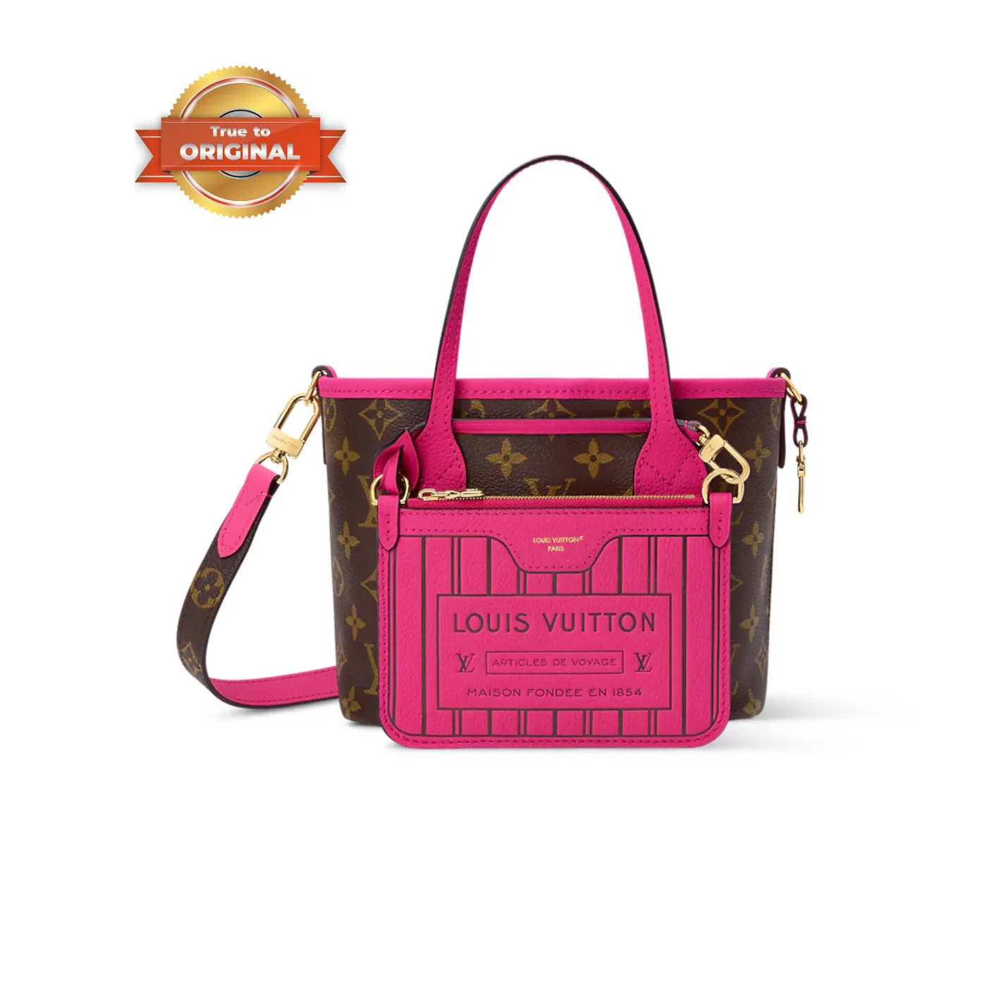 Louis Vuitton Neverfull Bandouliere Inside Out BB Tote Bag in Rose Pondichery Gold Hardware Louis Vuitton Neverfull Bandouliere Inside Out BB Tote Bag in Rose Pondichery Gold Hardware
