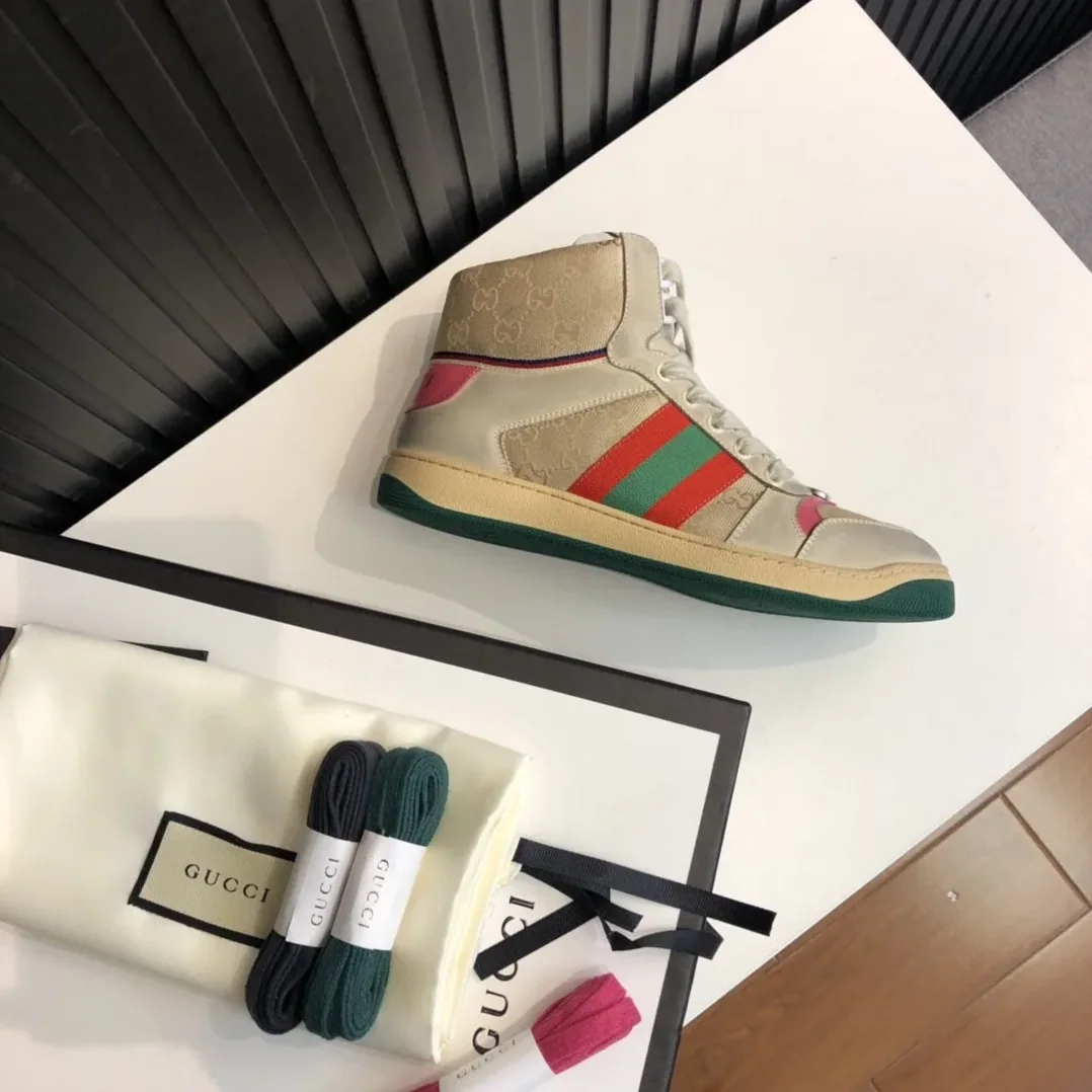 Gucci Screener GG Distressed High Top Off for Men in White Pink Gucci Screener GG Distressed High Top Off for Men in White Pink
