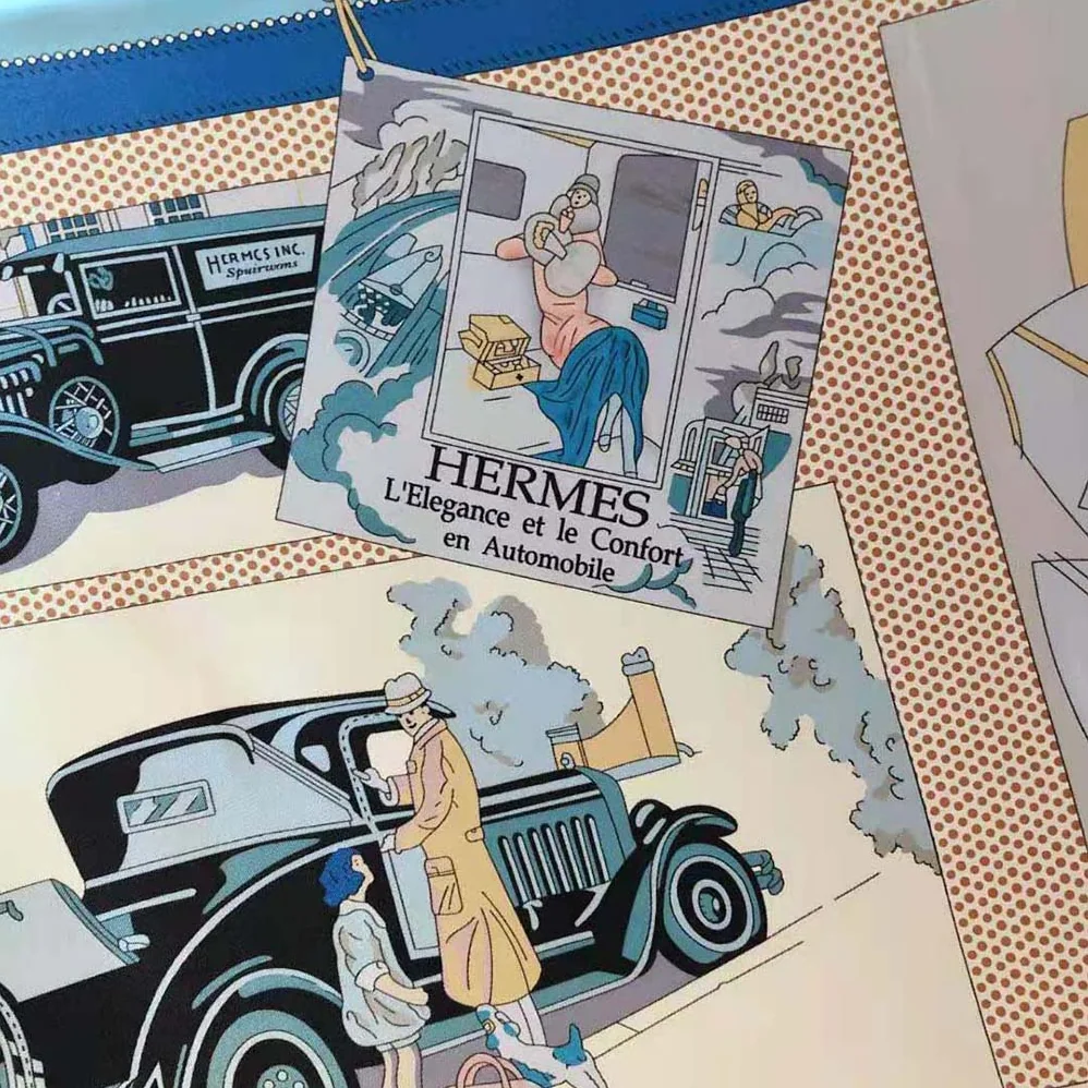 Hermes Confort en Automobile Scarf 70 in Silk Twill with Hand-Rolled Edges for Women in Blue