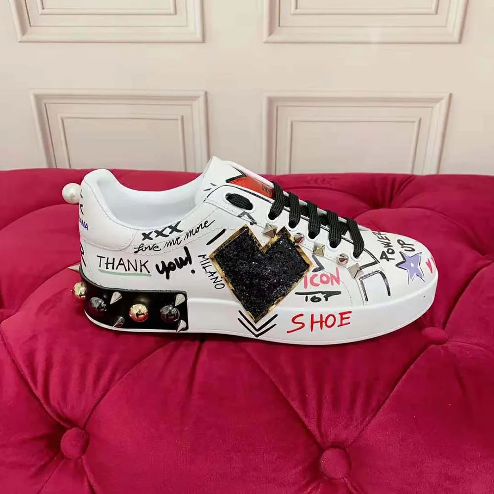 Dolce Gabbana D&G Printed Calfskin Portofino Sneakers with Patch for Unisex